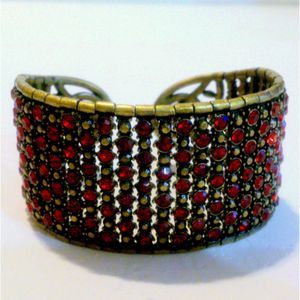 Bohemian Red Rhinestone Brass Tone Wired Cuff Bracelet